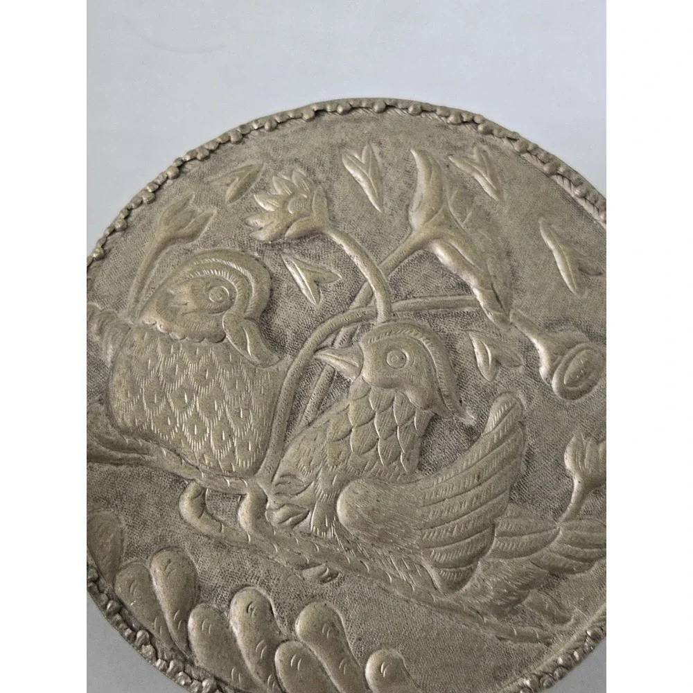 Vintage Persian Repousse Round Box Lid & Mirror Raised Bird Motif Silver Tone